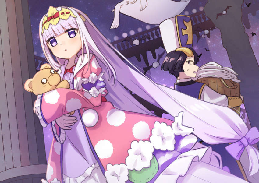 1boy, 1girl, animal, aurora_sya_lis_kaymin, basket, bat, demon_cleric, dress