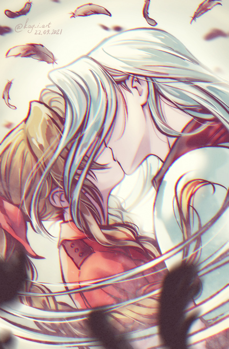 1boy, 1girl, 2021, aerith_gainsborough, bow, braid, braided_ponytail, brown_hair