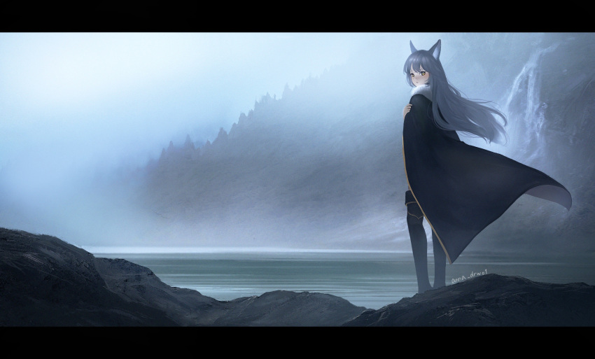 1girl, animal_ears, anna_(drw01), bangs, black_cape, black_footwear, blush, boots