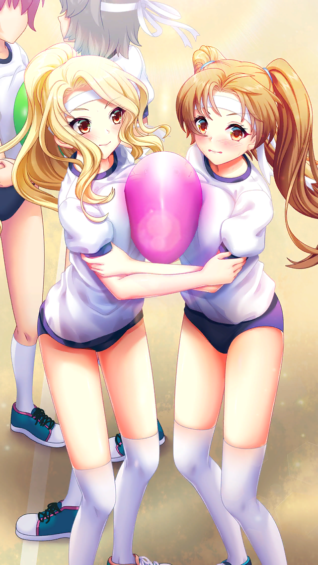 4girls, arm_grab, blonde_hair, breast_press, brown_eyes, brown_hair, buruma, closed_mouth