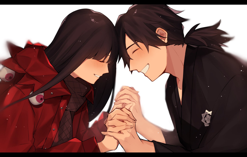 1boy, 1girl, black_hair, closed_eyes, fate/grand_order, fate_(series), highres, holding_hands