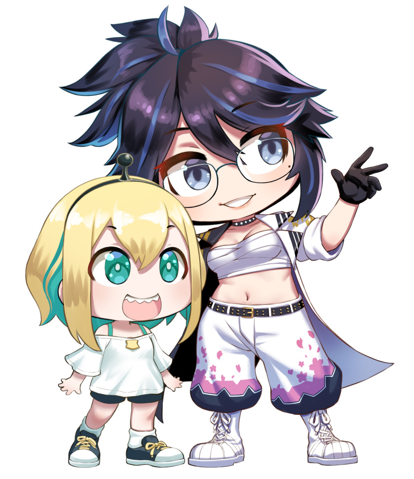 2girls, agustinus, amano_pikamee, bare_shoulders, belt, belt_buckle, black_hair, blonde_hair