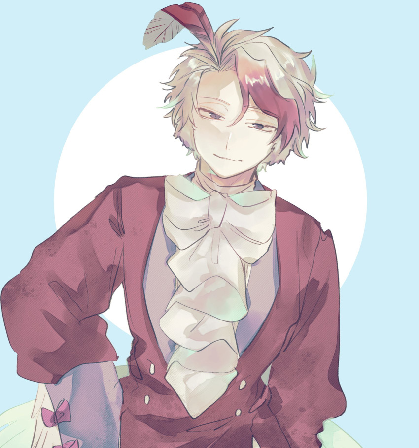 1boy, ahoge, blue_background, cursed_musician, grey_eyes, highres, koma_(komagoma_co), long_sleeves, looking_at_viewer, male_focus, maou-jou_de_oyasumi, multicolored_hair, redhead, short_hair, simple_background, solo, streaked_hair, two-tone_background, white_neckwear