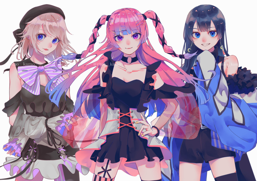3girls, amatsuki_koyomi, bangs, black_hair, blue_eyes, blue_hair, bow, bracelet