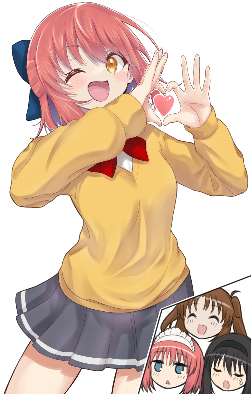 4girls, absurdres, alternate_costume, black_hair, black_hairband, blue_bow, blue_eyes, blush