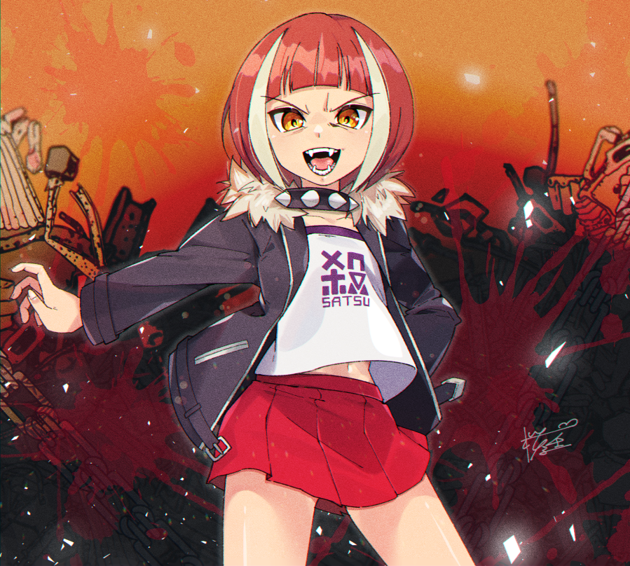 1girl, :d, azure_striker_gunvolt, black_collar, black_jacket, blonde_hair, chain, collar
