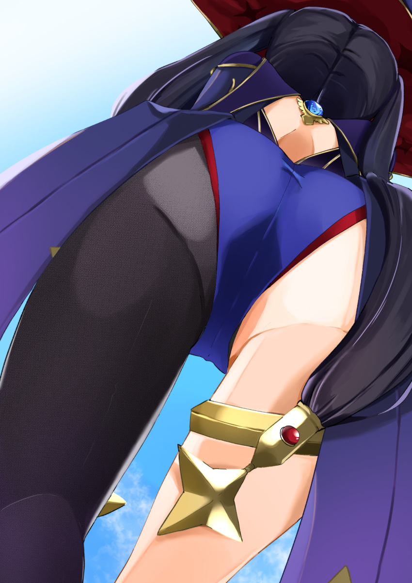 1girl, adapted_costume, ass, black_hair, blue_leotard, blue_sky, bodystocking, bodysuit, bodysuit_under_clothes, cowboy_shot, day, facing_away, from_behind, from_below, genshin_impact, gold_trim, hair_ornament, hair_tie, hat, highres, leotard, long_hair, mona_(genshin_impact), otsu_hai18, outdoors, purple_leotard, single_leg_pantyhose, sky, solo, star_(symbol), star_hair_ornament, thighlet, twintails, vision_(genshin_impact), witch, witch_hat