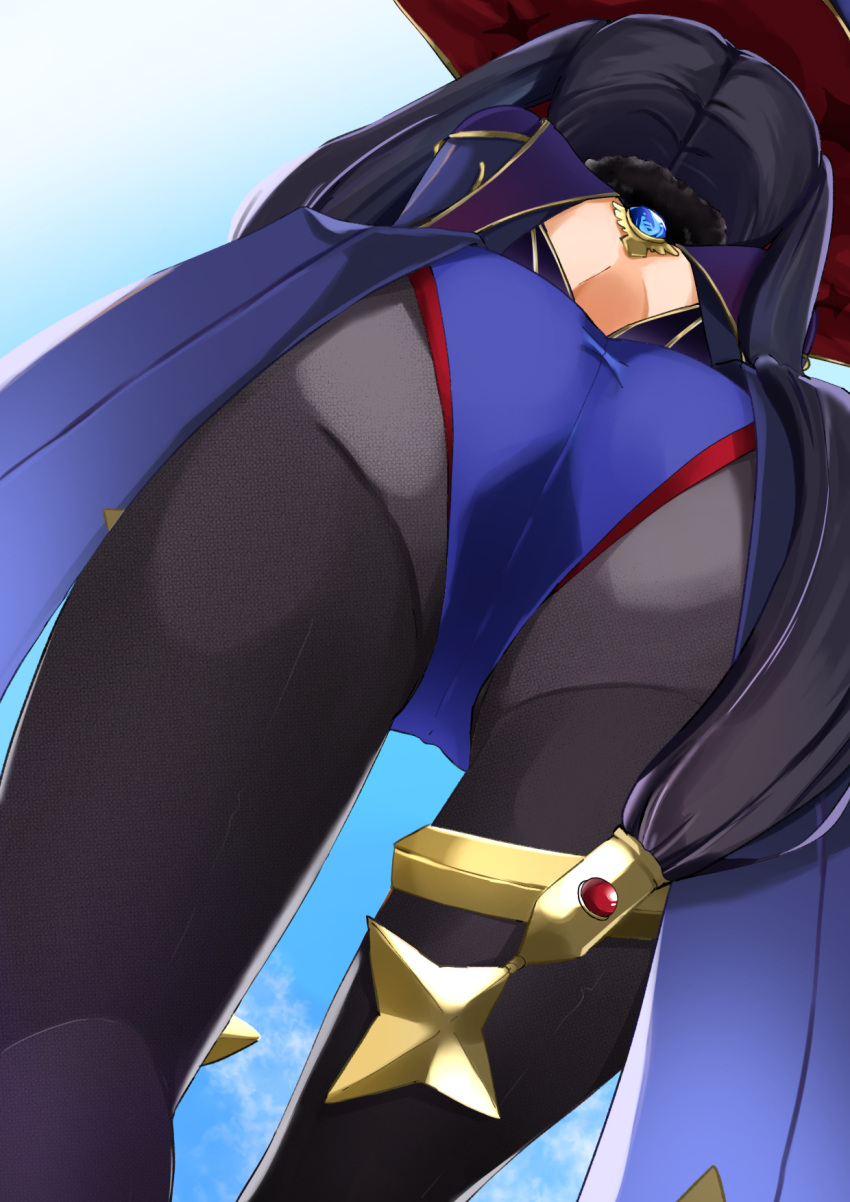 1girl, ass, black_hair, blue_leotard, blue_sky, bodystocking, bodysuit, bodysuit_under_clothes, commentary_request, cowboy_shot, day, facing_away, from_behind, from_below, genshin_impact, gold_trim, hair_ornament, hair_tie, hat, highres, leotard, long_hair, mona_(genshin_impact), otsu_hai18, outdoors, pantyhose, purple_leotard, sky, solo, star_(symbol), star_hair_ornament, thighlet, twintails, vision_(genshin_impact), witch, witch_hat