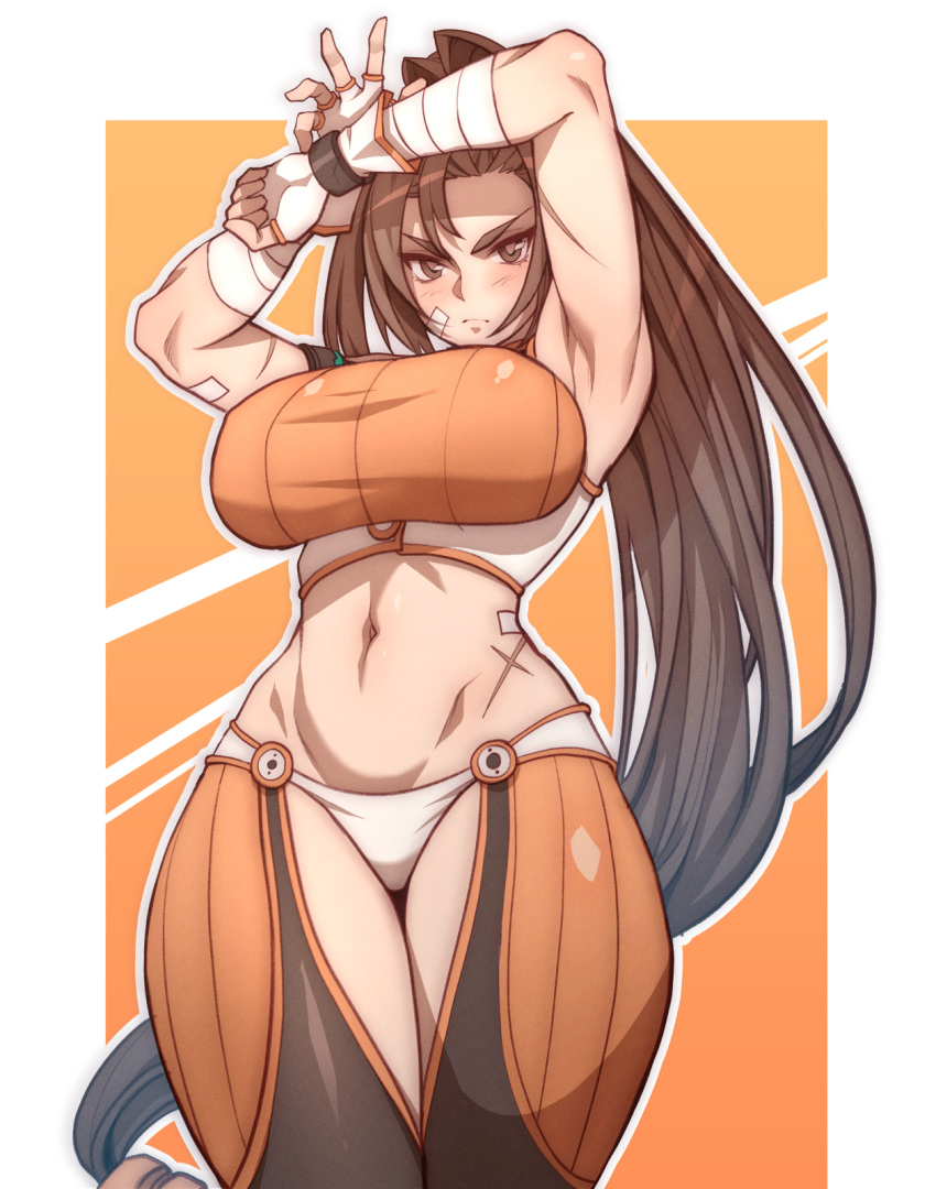 1girl, armpits, arms_up, bandages, bangs, blush, breasts, brown_eyes