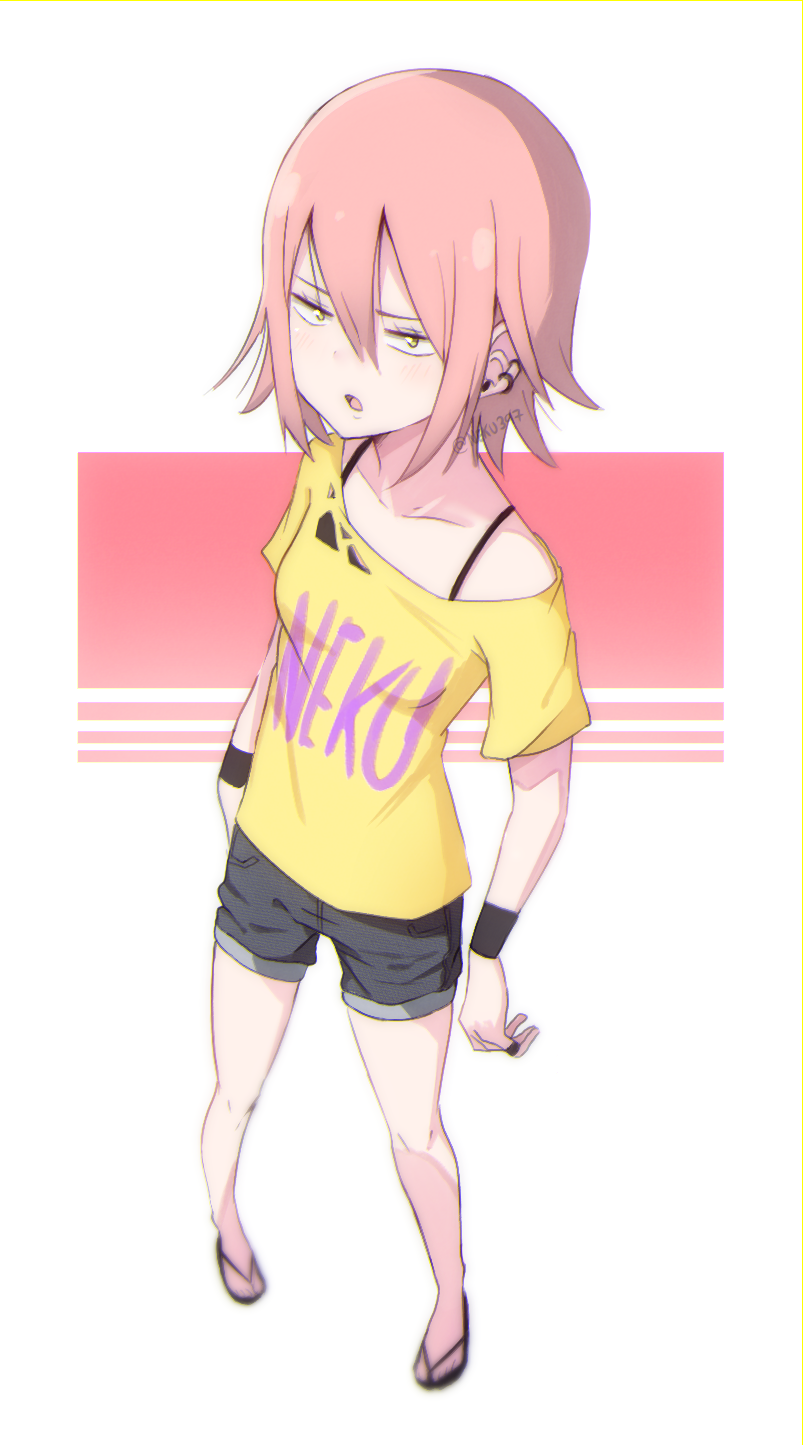 :o, earrings, highres, jewelry, looking_at_viewer, neku397, open_mouth, original, pink_hair, ring, shirt, short_hair, shorts, slippers, tomboy, torn_clothes, torn_shirt, yellow_eyes, yellow_shirt