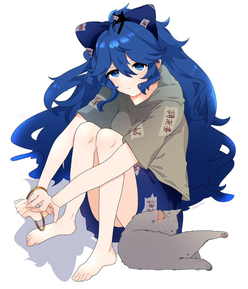 1girl, :<, ahoge, animal_ears, bangle, bangs, barefoot, blue_bow