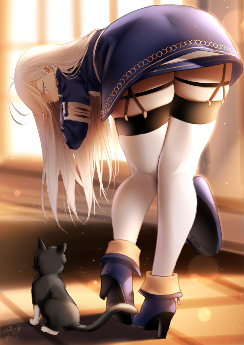 1girl, 86_-eightysix-, antenna_hair, ass, black_cat, blue_footwear, blue_jacket, cat