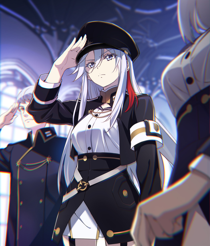 1boy, 2girls, 86_-eightysix-, bangs, black_jacket, black_skirt, closed_mouth, commentary