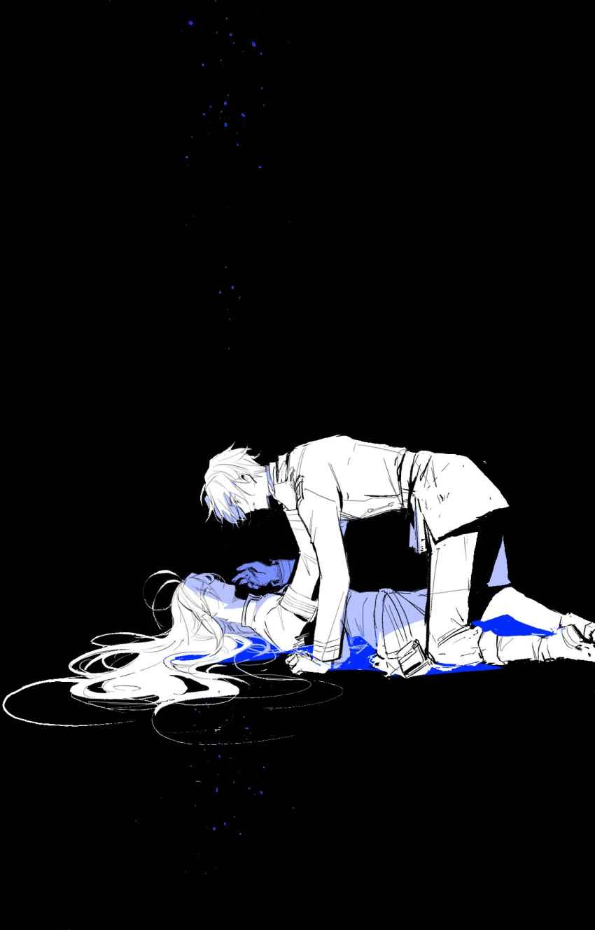 1boy, 1girl, 86_-eightysix-, bangs, black_background, hand_on_ground, hands_on_another's_neck, highres