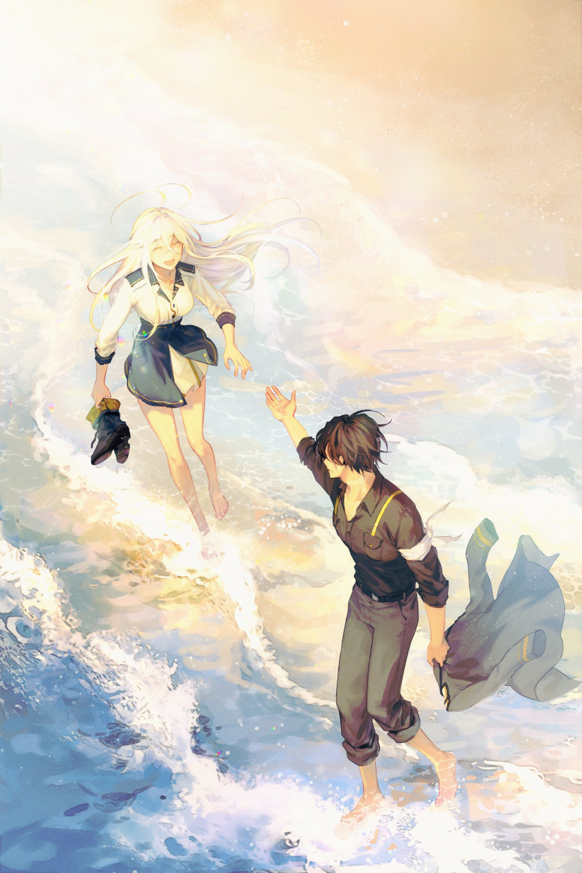 1boy, 1girl, 86_-eightysix-, absurdres, barefoot, beach, black_hair, black_jacket