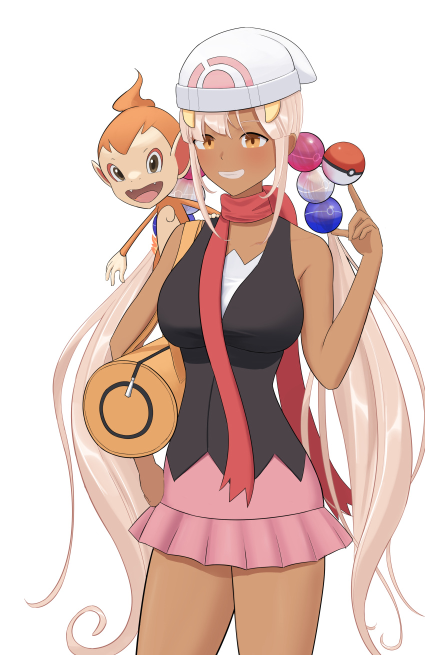 1girl, absurdres, beanie, chimchar, cosplay, grin, hat, highres, hikari_(pokemon), hololive, hololive_english, poke_ball, pokemon, shift_(shiftillust), smile, solo, tsukumo_sana, virtual_youtuber, white_headwear