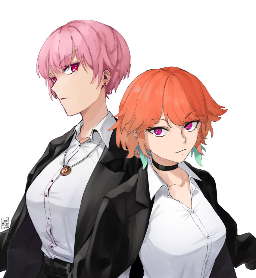2girls, alternate_hairstyle, ameiarts, choker, ear_piercing, formal, highres, hololive