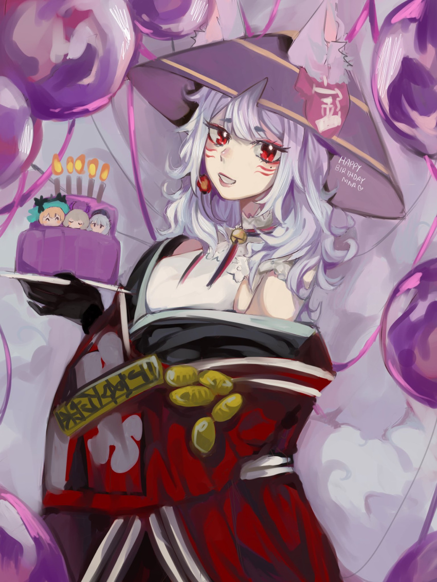 1girl, animal_ear_fluff, bell, black_headwear, black_kimono, black_ribbon, cake, cape