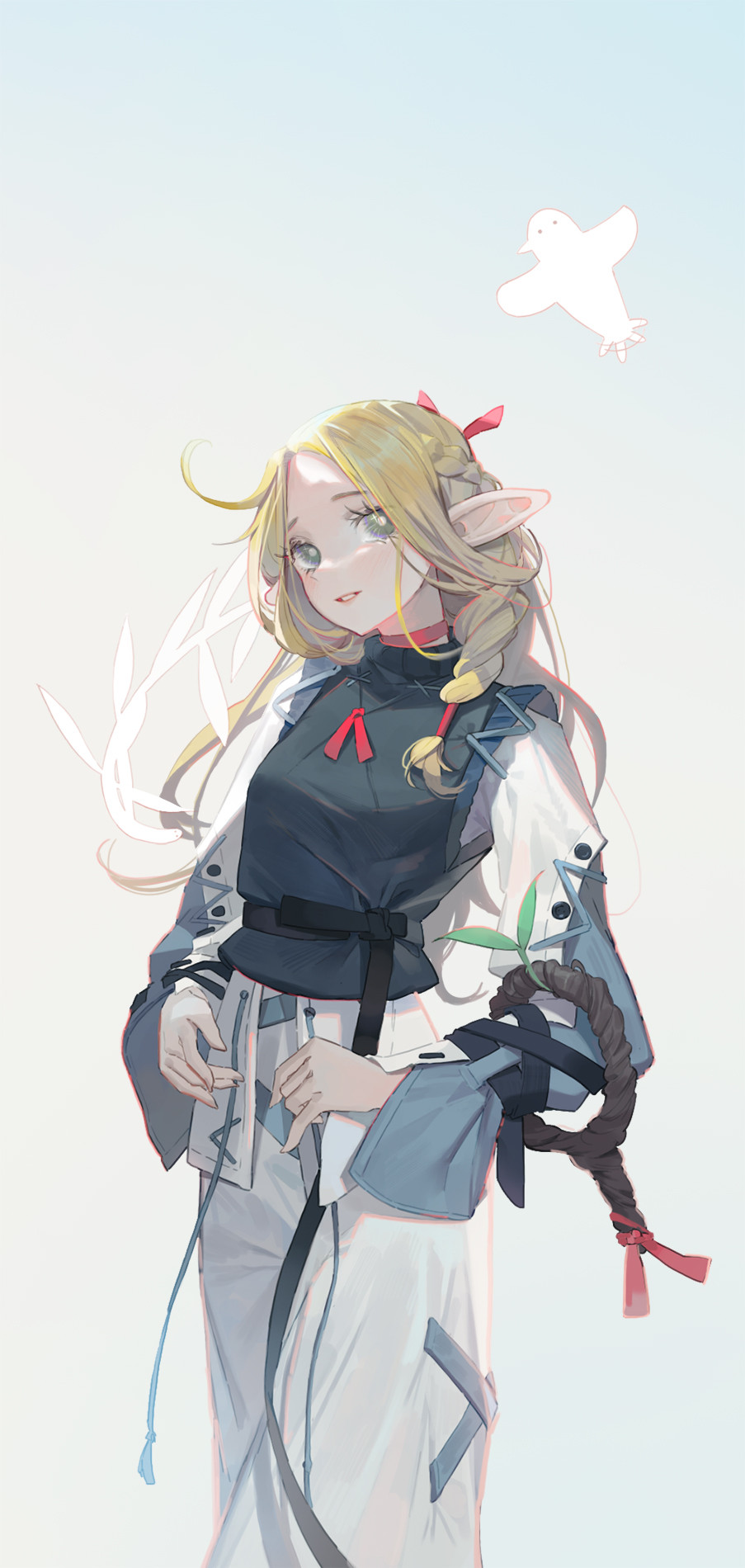 1girl, ahoge, belt, bird, blonde_hair, braid, breasts, choker