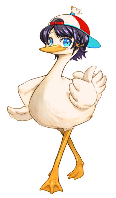 1girl, animalization, baseball_cap, bird, black_hair, blue_eyes, duck, duck_girl