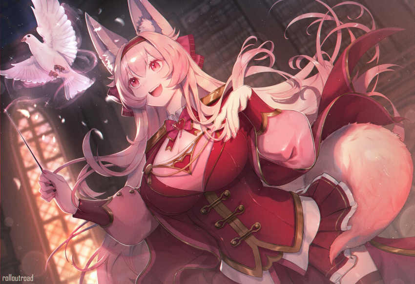 1girl, animal_ear_fluff, animal_ears, bird, breasts, dove, english_commentary, eyebrows_visible_through_hair, floating_hair, flying, fox_ears, fox_girl, fox_tail, highres, holding, holding_wand, huge_breasts, jacket, maiulive_(vtuber), open_hand, pink_eyes, pink_hair, red_jacket, red_skirt, roll_out_road, second-party_source, skirt, smile, solo, tail, thigh-highs, v-artisserie, virtual_youtuber, wand