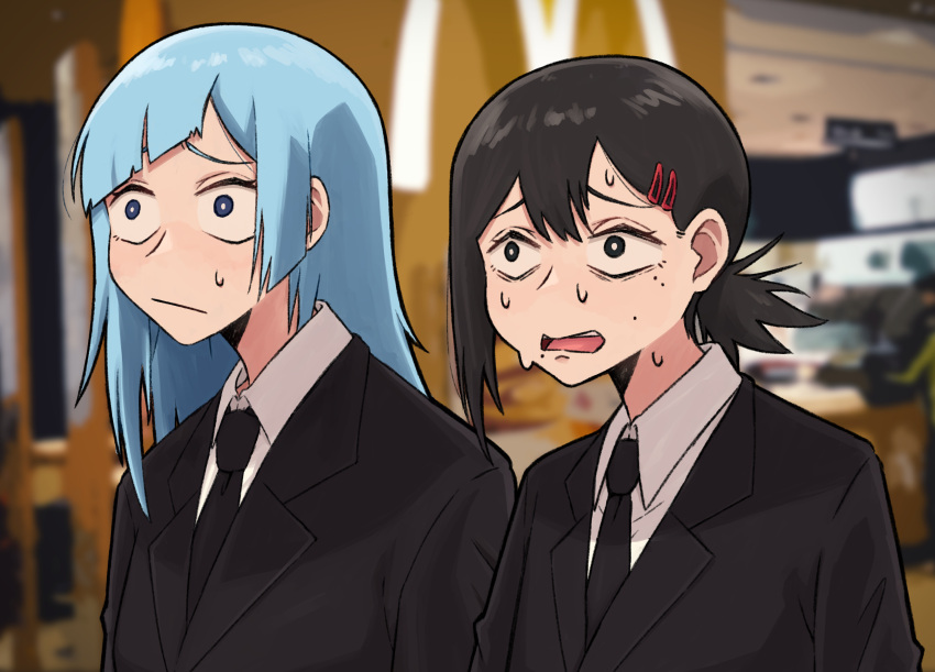 2girls, absurdres, bangs, black_eyes, black_hair, black_suit, blue_eyes, bright_pupils