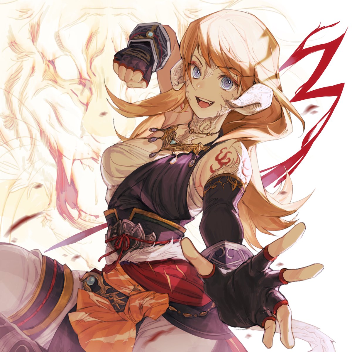 1girl, au_ra, avatar_(ffxiv), bangs, blue_eyes, breasts, clenched_hand, dragon_horns