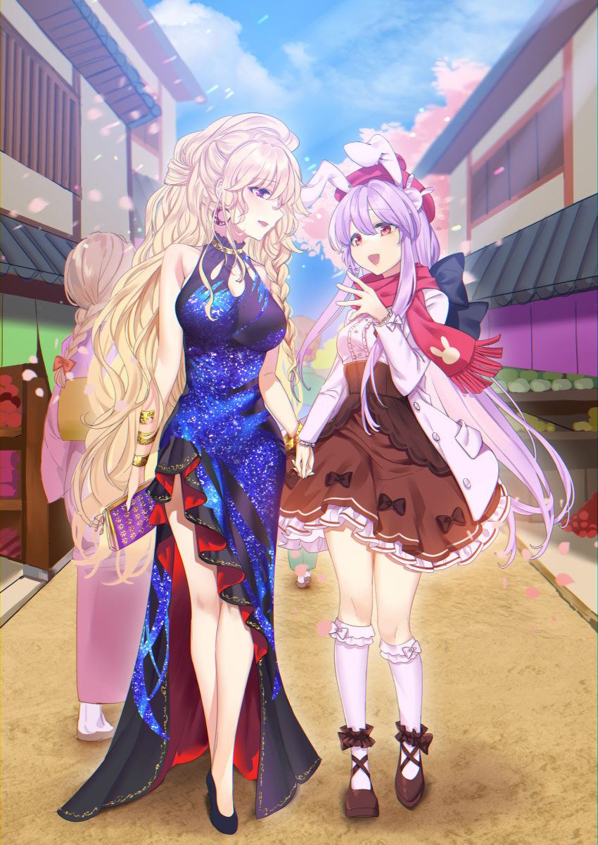2girls, absurdres, alternate_costume, animal_ears, bangs, black_dress, blonde_hair, blouse