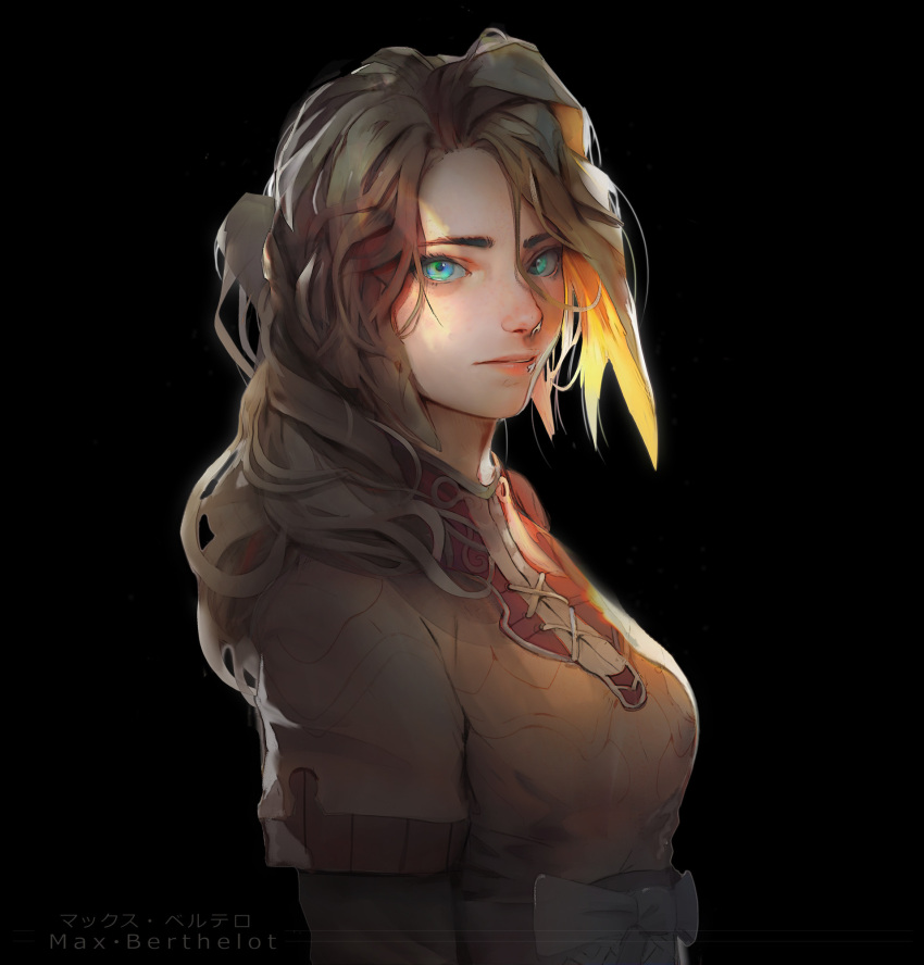 1girl, aqua_eyes, artist_name, backlighting, black_background, blonde_hair, blue_eyes, breasts