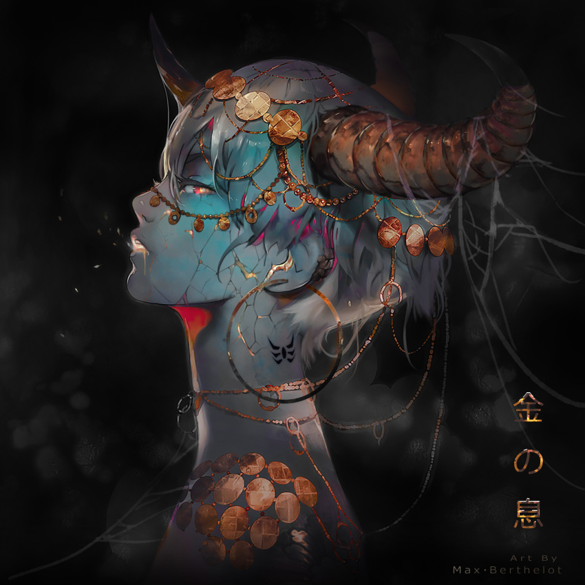 1girl, artist_name, bangs, black_background, blue_hair, blue_skin, coin_(ornament), colored_skin