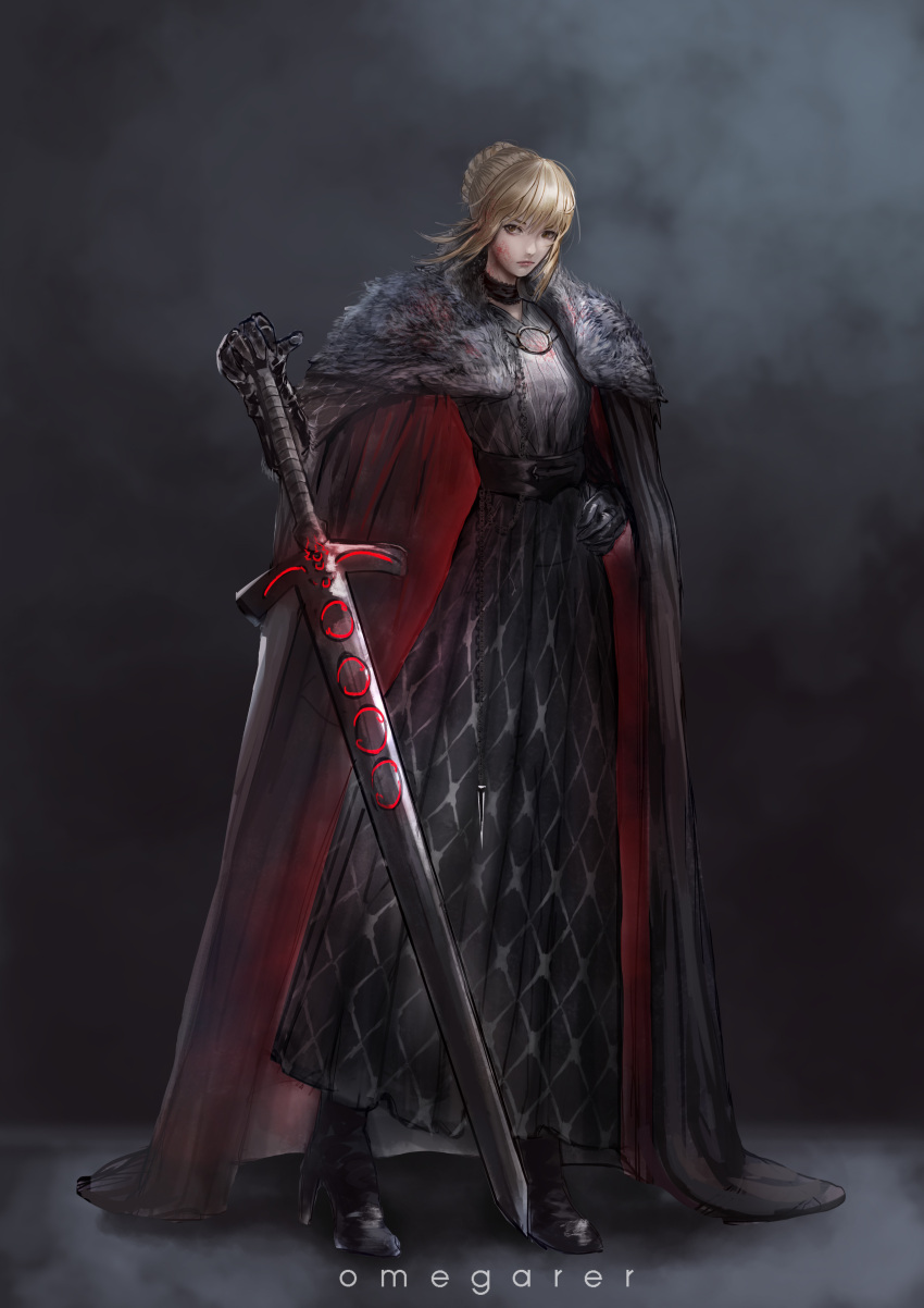 1girl, absurdres, artist_name, artoria_pendragon_(fate), bangs, black_background, black_cape, black_dress