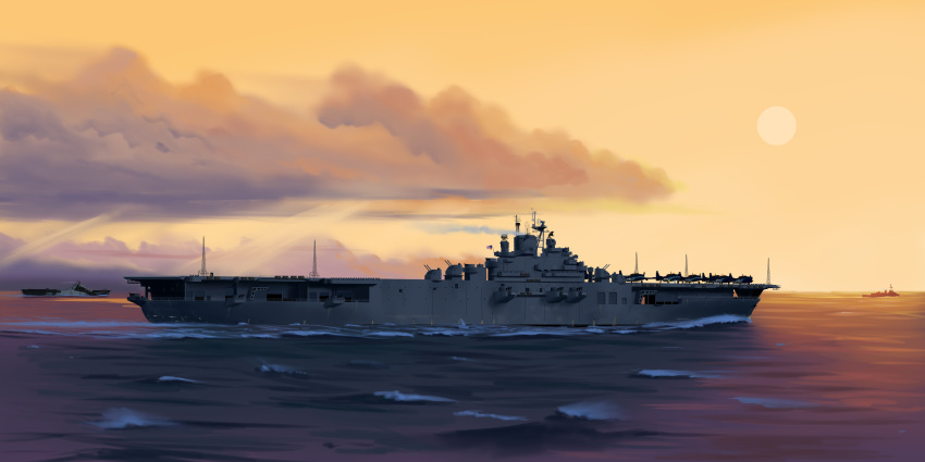 absurdres, aircraft, aircraft_carrier, airplane, american_flag, clouds, dazzle_paint, destroyer