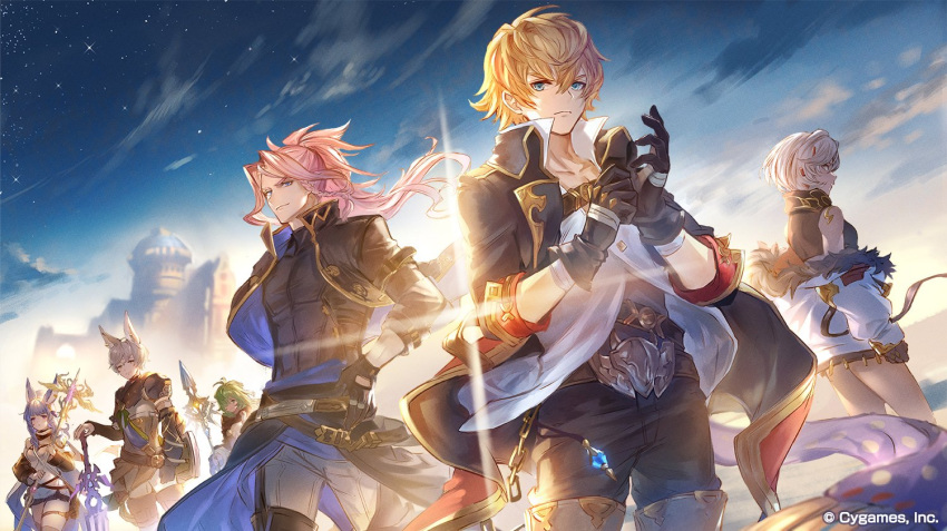 3boys, 3girls, adjusting_clothes, adjusting_gloves, animal_ears, backlighting, bandaged_arm, bandages