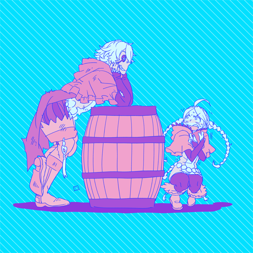 1boy, 1girl, ahoge, barrel, belt, book, boots, braid, capelet, eyepatch, father_and_daughter, fire_emblem, fire_emblem_fates, full_body, hairband, holding, holding_book, lowres, niles_(fire_emblem), nina_(fire_emblem), open_mouth, t_t_n, twin_braids