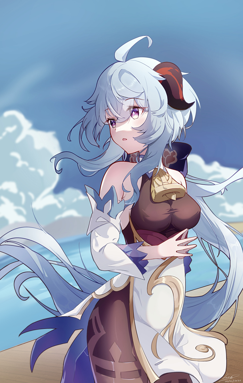 1girl, absurdres, ahoge, bangs, bare_shoulders, beach, bell, black_legwear