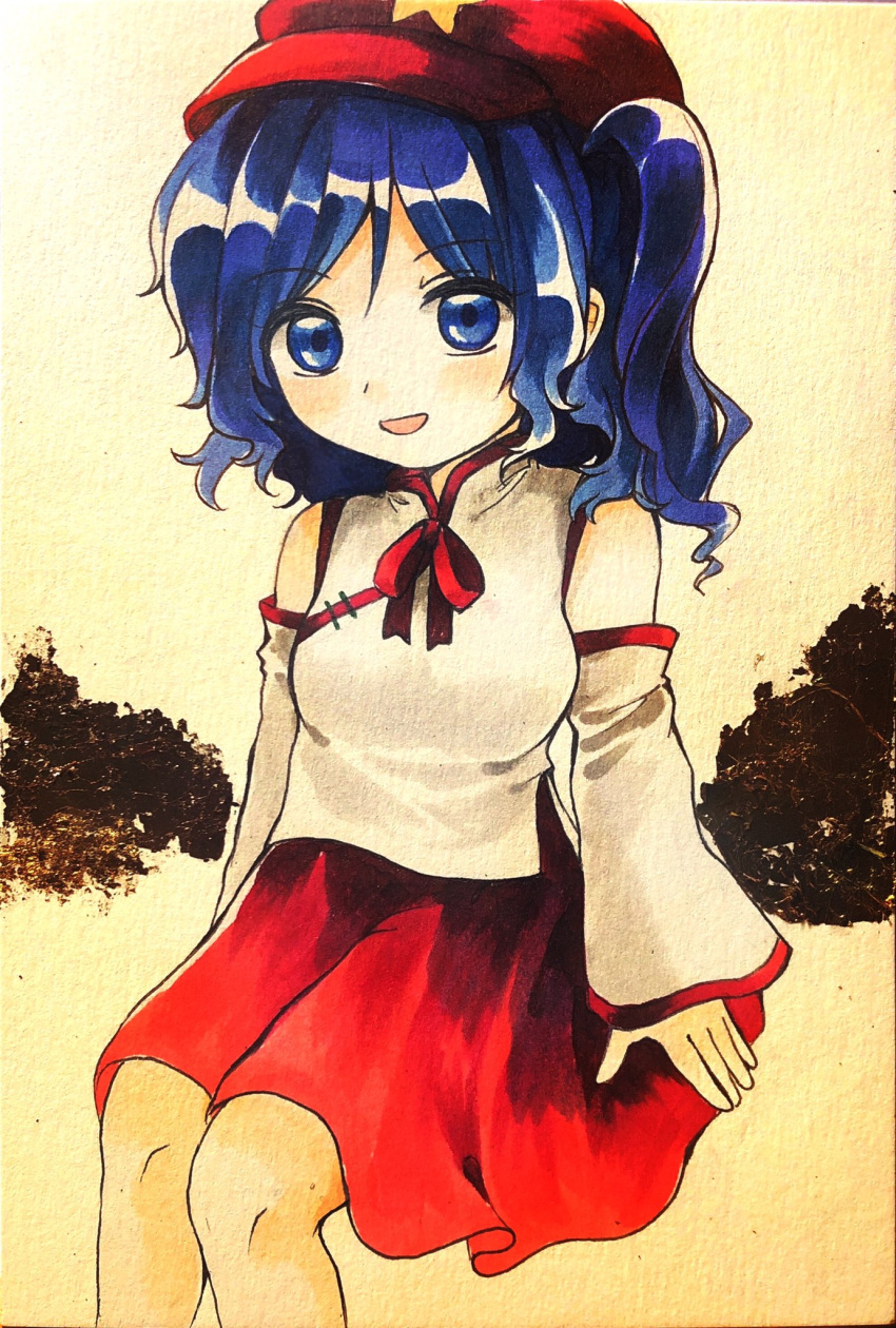 1girl, bare_shoulders, blue_eyes, blue_hair, breasts, cabbie_hat, commentary_request, detached_sleeves