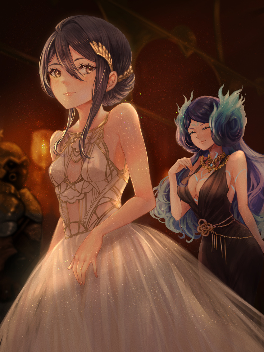 2girls, absurdres, alternate_costume, black_hair, blue_fire, breasts, brighid_(xenoblade), closed_eyes