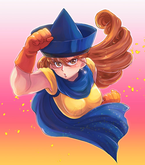 1girl, alena_(dq4), angry, bangs, brown_eyes, cape, curly_hair, defense_zero, dragon_quest, dragon_quest_iv, earrings, fighting_stance, floating_hair, gloves, hat, jewelry, long_hair, orange_gloves, orange_hair, shirt, short_sleeves, solo, yellow_shirt