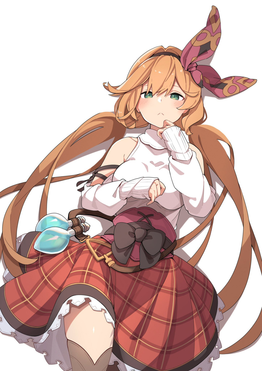 1girl, :<, bangs, bare_shoulders, belt, blush, bow_hairband, breasts