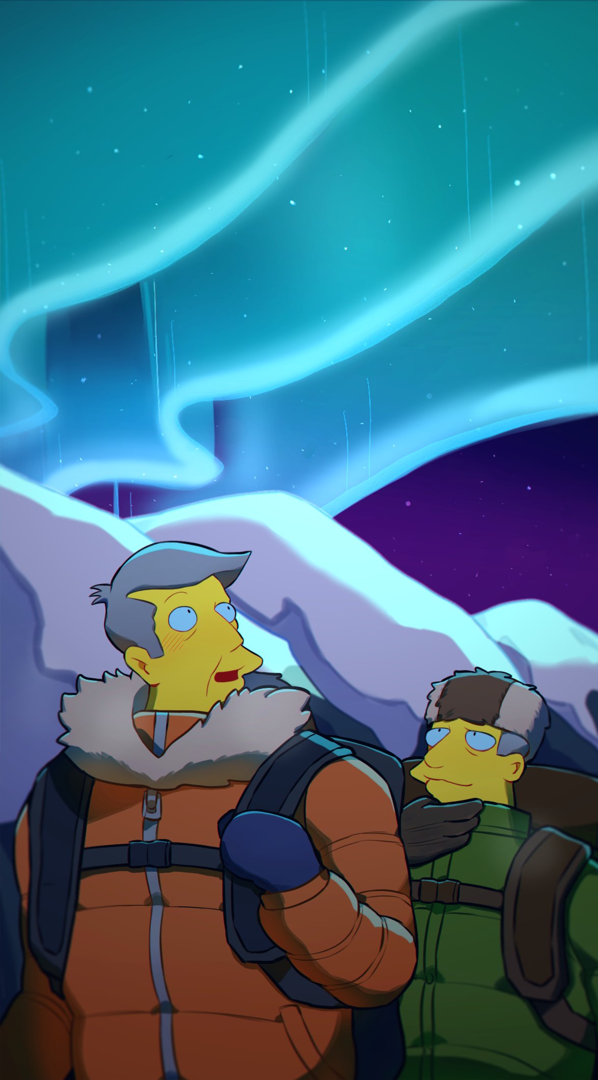2boys, aurora, binuba, black_bag, black_gloves, blue_gloves, blush, brown_headwear, closed_mouth, colored_skin, gary_chalmers, gloves, grey_hair, hat, highres, jacket, looking_up, male_focus, mountain, multiple_boys, night, night_sky, open_mouth, orange_jacket, seymour_skinner, sky, smile, snow, the_simpsons, yellow_skin