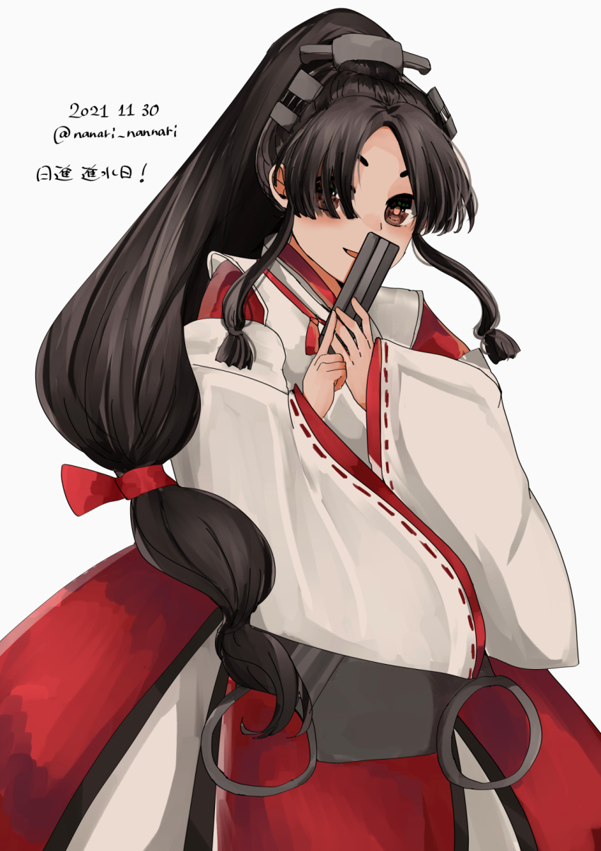 1girl, black_hair, brown_eyes, cowboy_shot, dated, folding_fan, hair_tie, hakama