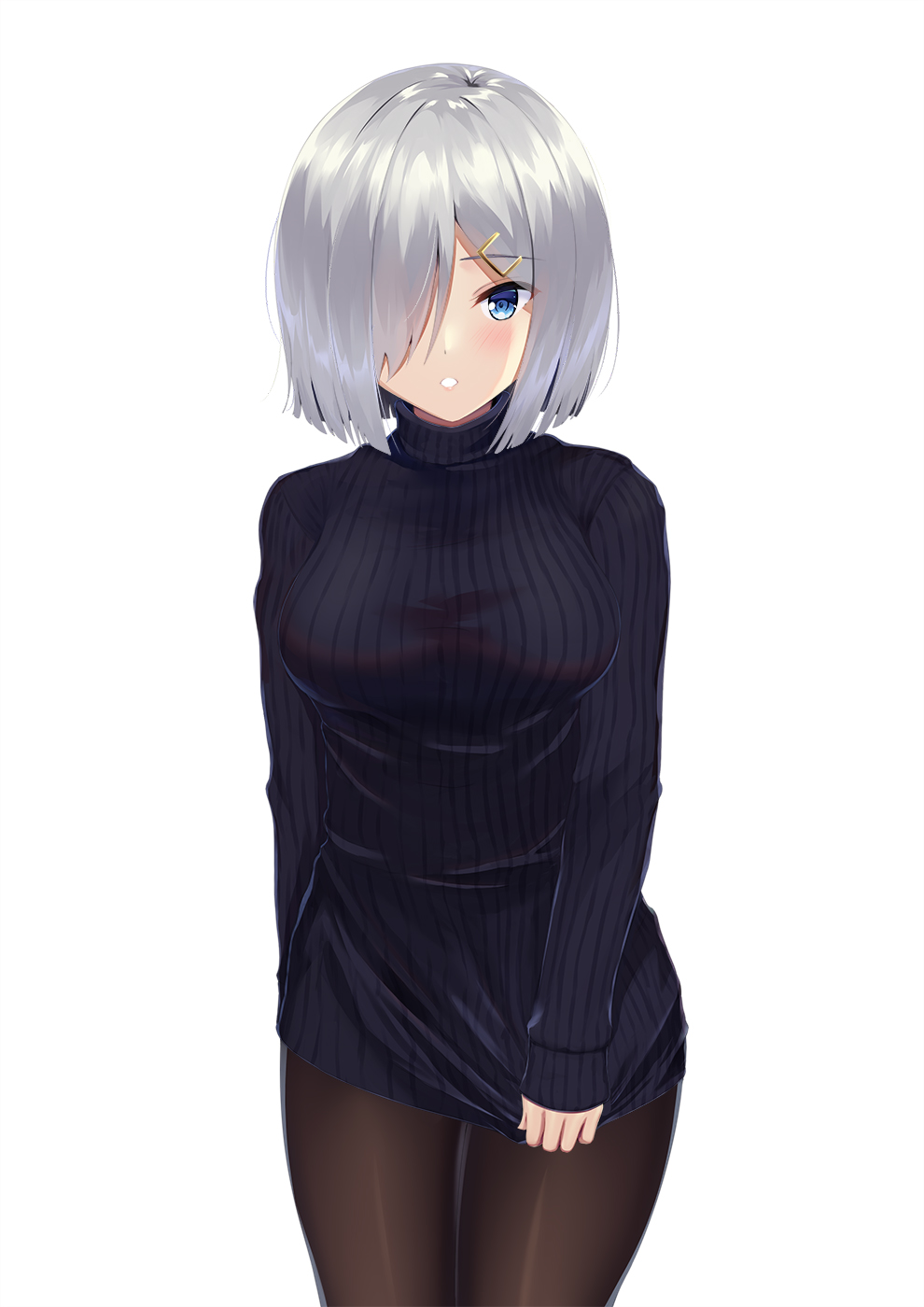 1girl, black_legwear, black_sweater, blue_eyes, blush, breasts, cowboy_shot, eyebrows_visible_through_hair