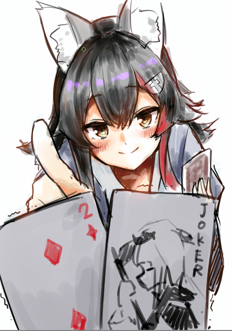 1girl, animal_ear_fluff, animal_ears, bangs, black_hair, blush, card, commentary_request