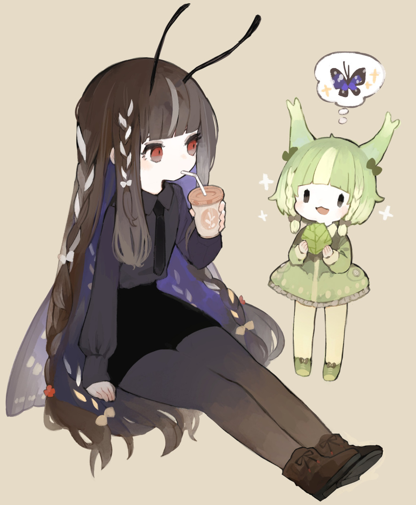 2girls, :d, absurdres, antennae, bangs, beige_background, black_dress, black_necktie