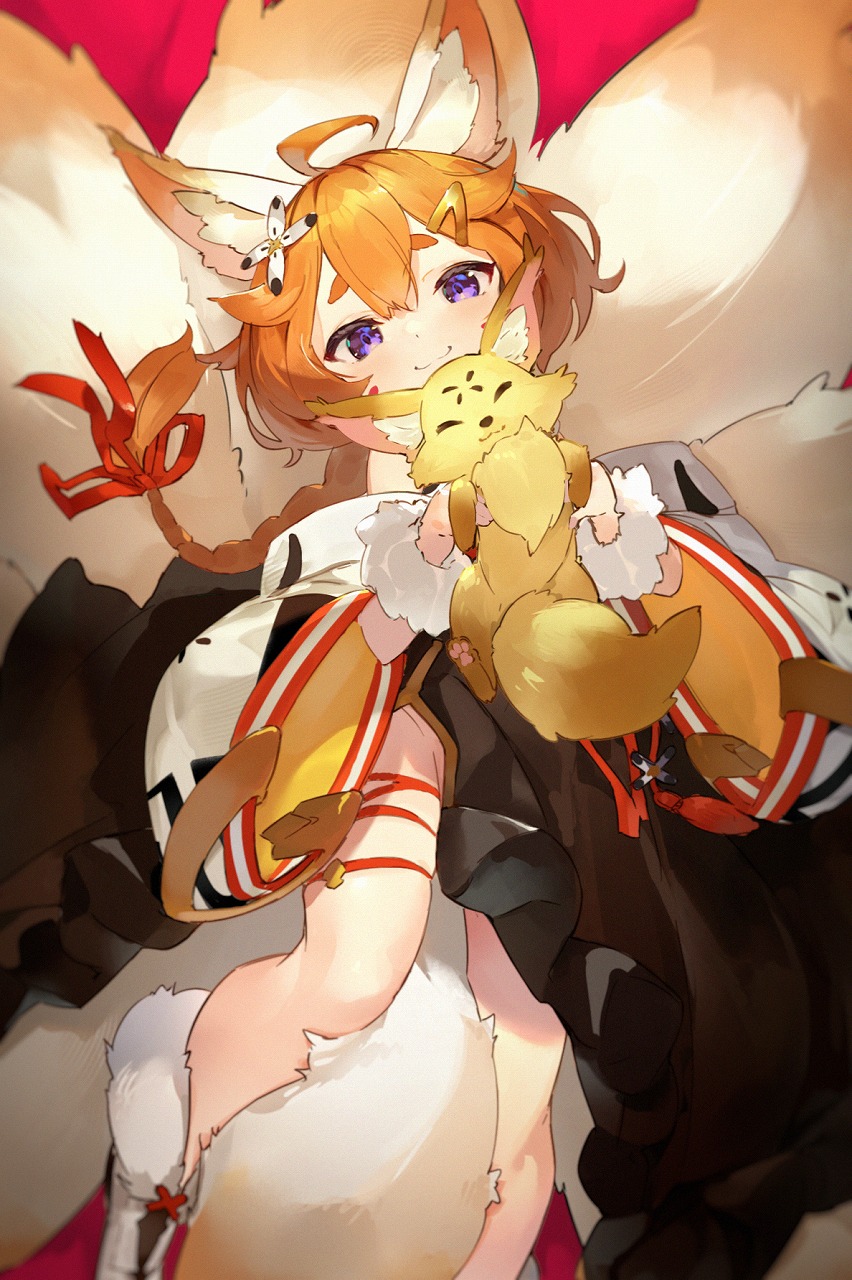 1girl, ahoge, animal, animal_ears, bangs, blurry, crossed_bangs, eight-tailed_fox_nari