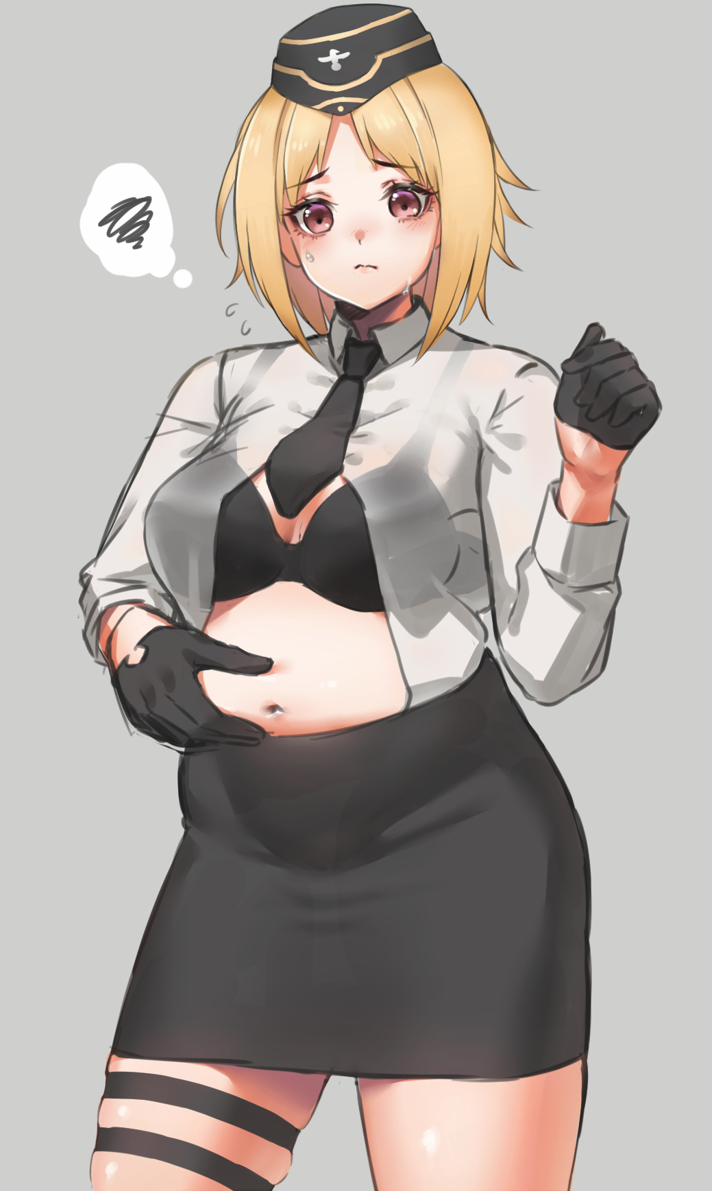 1girl, belly, belly_grab, black_bra, black_gloves, black_headwear, black_skirt, blonde_hair, bra, dress_shirt, garrison_cap, girls_frontline, gloves, grey_background, half_gloves, hat, highres, military, military_uniform, mp40_(girls'_frontline), navel, pinching, plump, red_eyes, shirt, short_hair, simple_background, skirt, solo, spoken_squiggle, squiggle, sweatdrop, thigh_strap, thought_bubble, toryu_fufu, underwear, uniform, weight_conscious, white_shirt