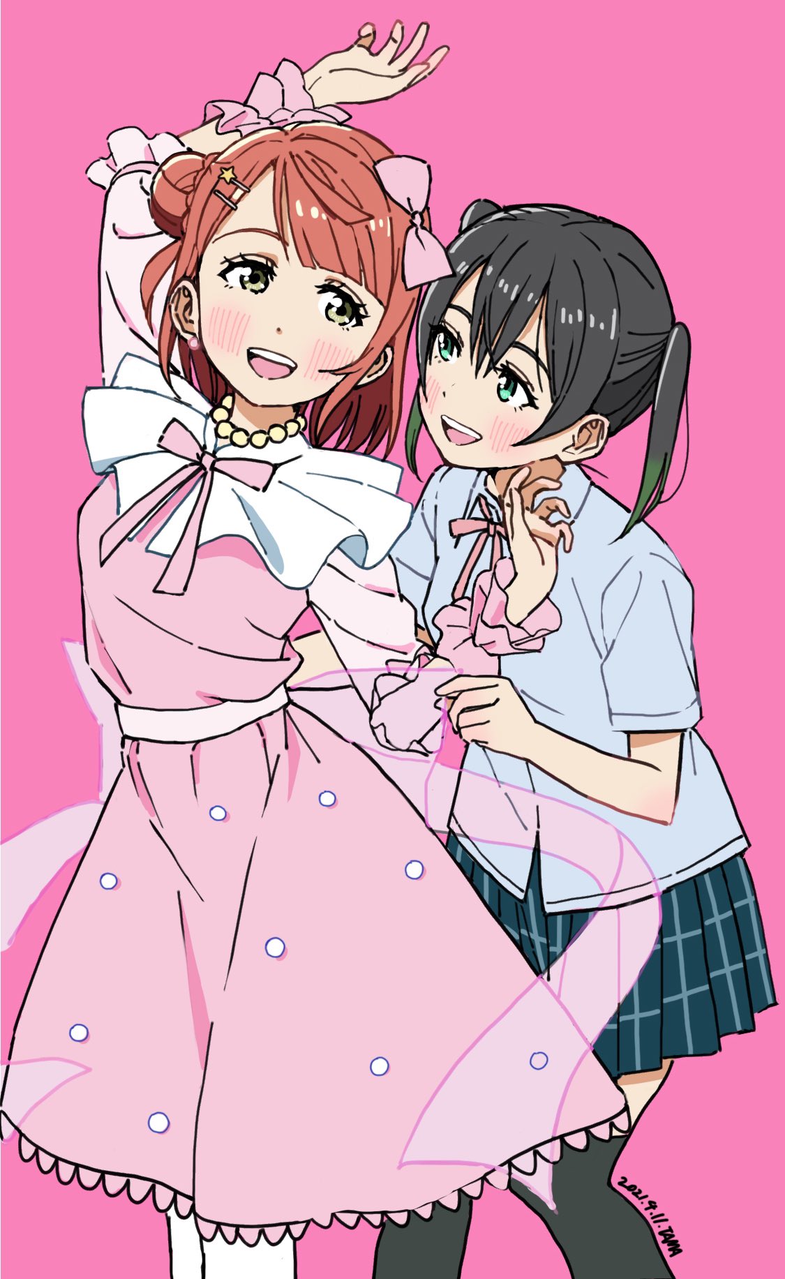 bangs, bead_necklace, beads, black_hair, black_legwear, blunt_bangs, braid, braided_bun