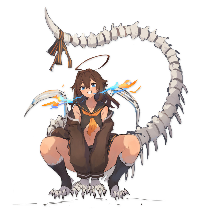 1girl, ahoge, bangs, black_legwear, blue_eyes, breasts, breathing_fire, brown_jacket