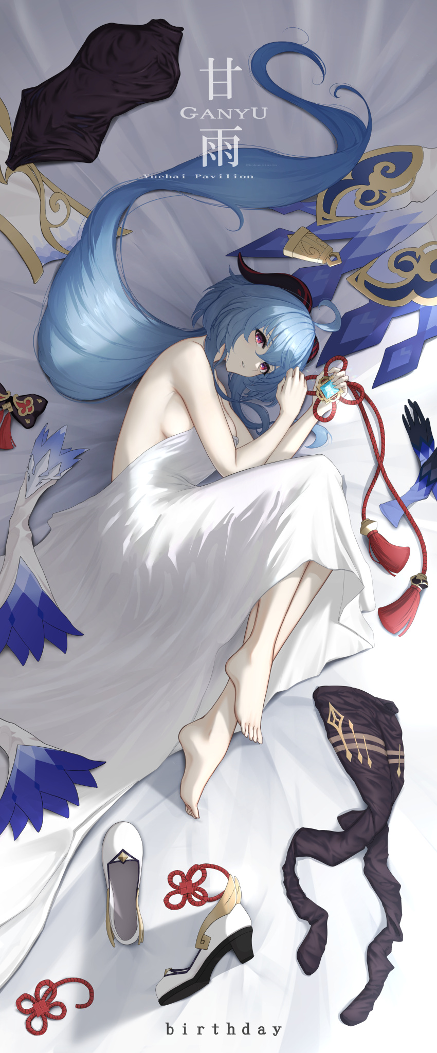 1girl, absurdres, ahoge, bangs, bare_shoulders, bell, black_gloves, blue_hair