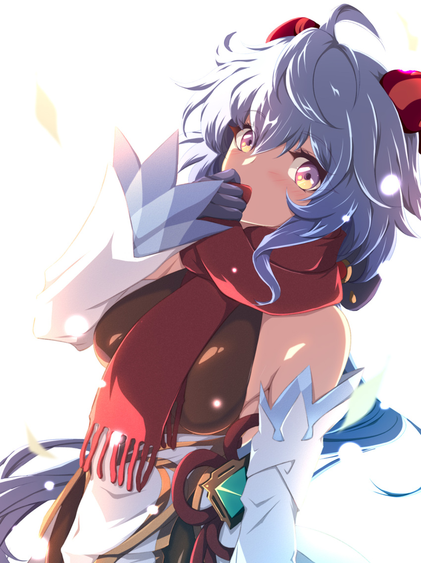 1girl, ahoge, asahiru_ban, bangs, bare_shoulders, black_gloves, blue_hair, blush, bodystocking, breasts, brown_legwear, detached_sleeves, dress, elbow_gloves, ganyu_(genshin_impact), genshin_impact, gloves, highres, horns, large_breasts, long_hair, looking_at_viewer, pantyhose, red_scarf, scarf, solo, violet_eyes, white_dress